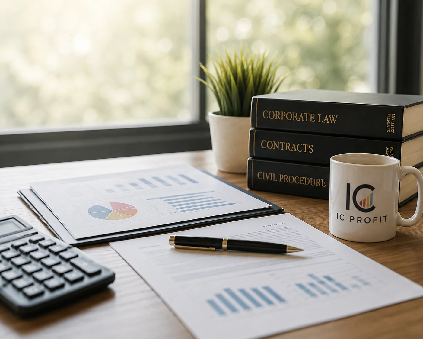 ICProfit — accounting for lawyers: financial reports, a calculator and law texts on a desk